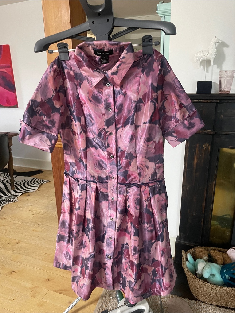 Pink Tartan Rose-Print Button Shirt Mini Dress in Pink and Plum